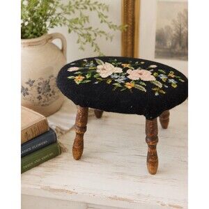 Vintage Wooden Floral Footstool Rest With Floral Needlepoint Upholstered Top